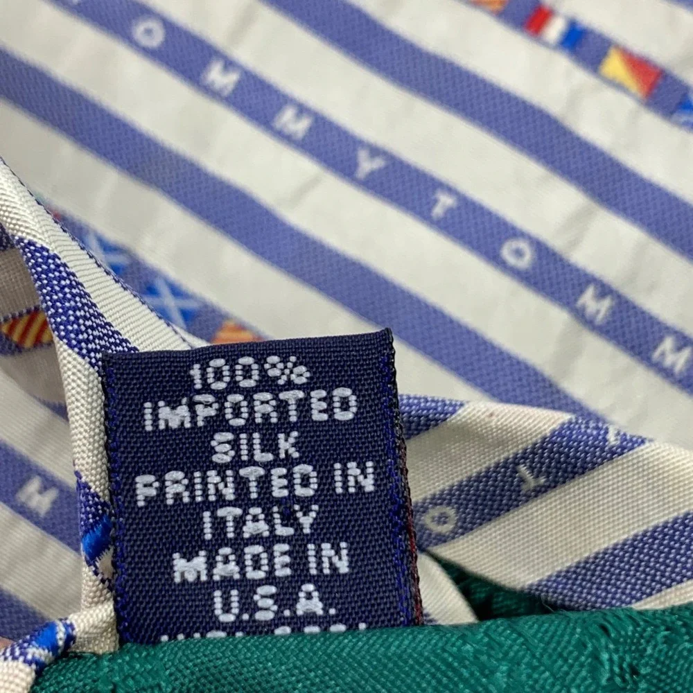 Tommy Hilfiger Men's Silk Necktie Blue/White Striped‎ Nautical Flag Logo Tie